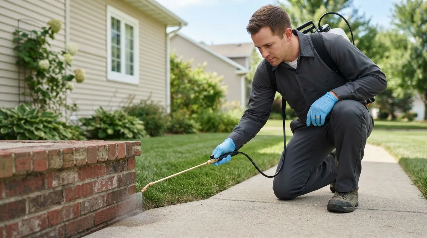 Pest control technician treating a home near Bryant, IN